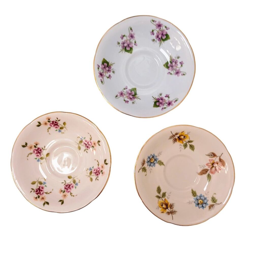 3 Royal Grafton Saucers 5" Pink Blue Yellow Fine Bone China 1950s Violet Floral